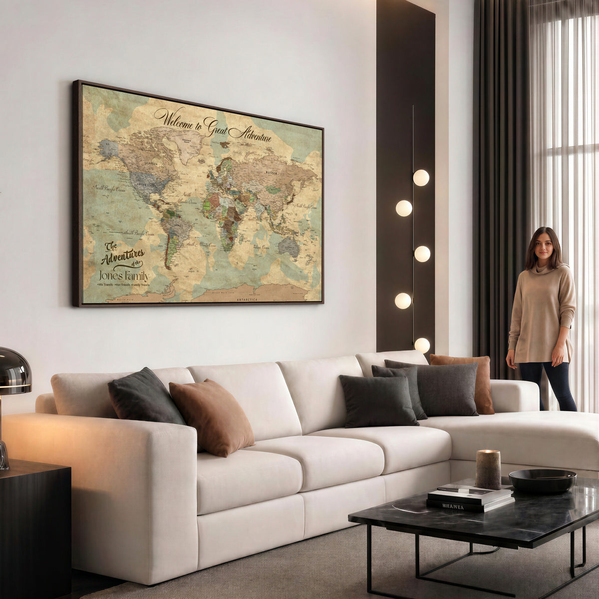 38092909-MGV-CV-36X24 - Personalized Framed Navy Vintage Push Pin World Map Wall Art, Places Visited Tracker, Bedroom and Hallway Decor