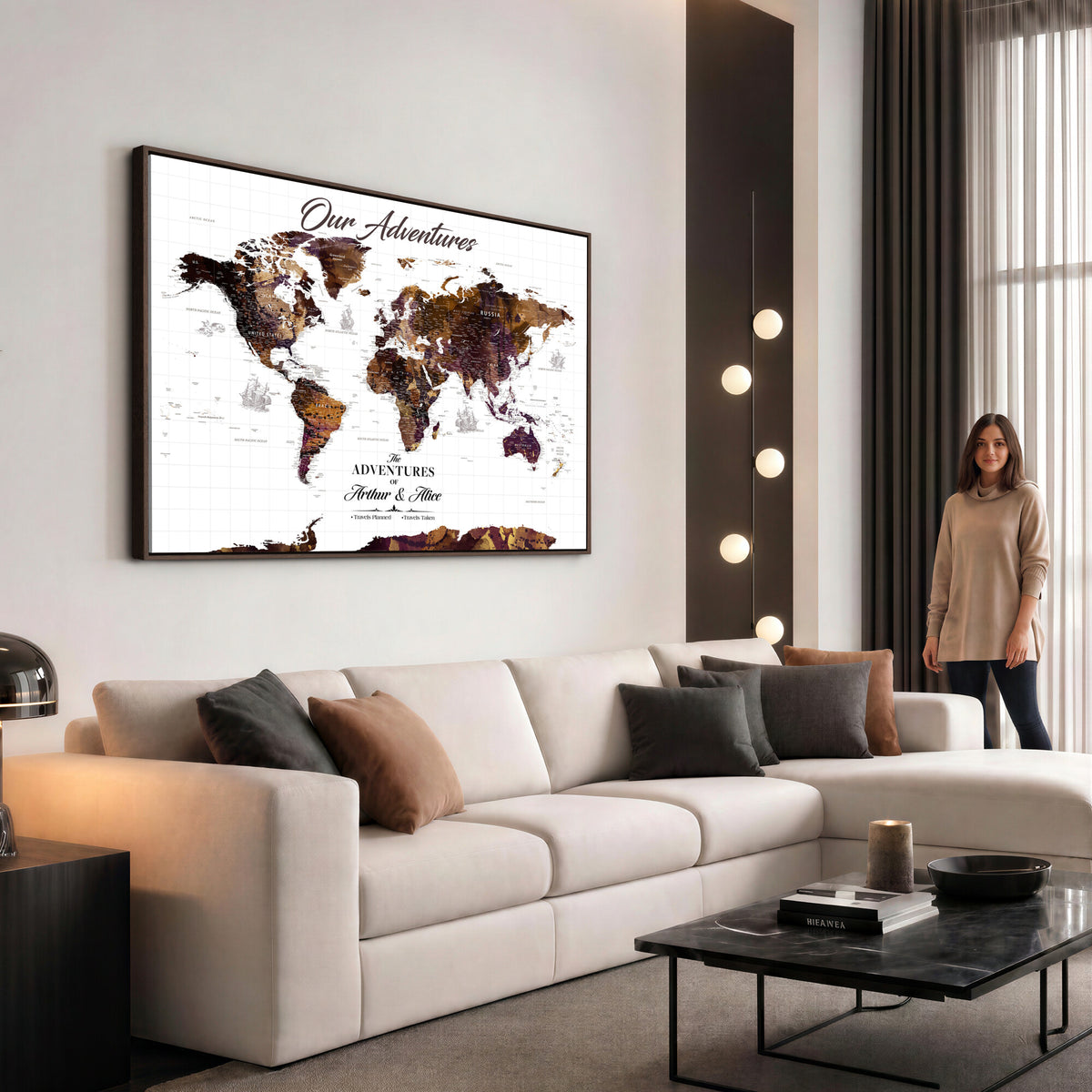 95729279-MGV-CV-36X24 - Personalized Framed Beige Vintage Push Pin Travel Map Canvas Print, Next Trip Planner Map, Home Office and Entryway Decor