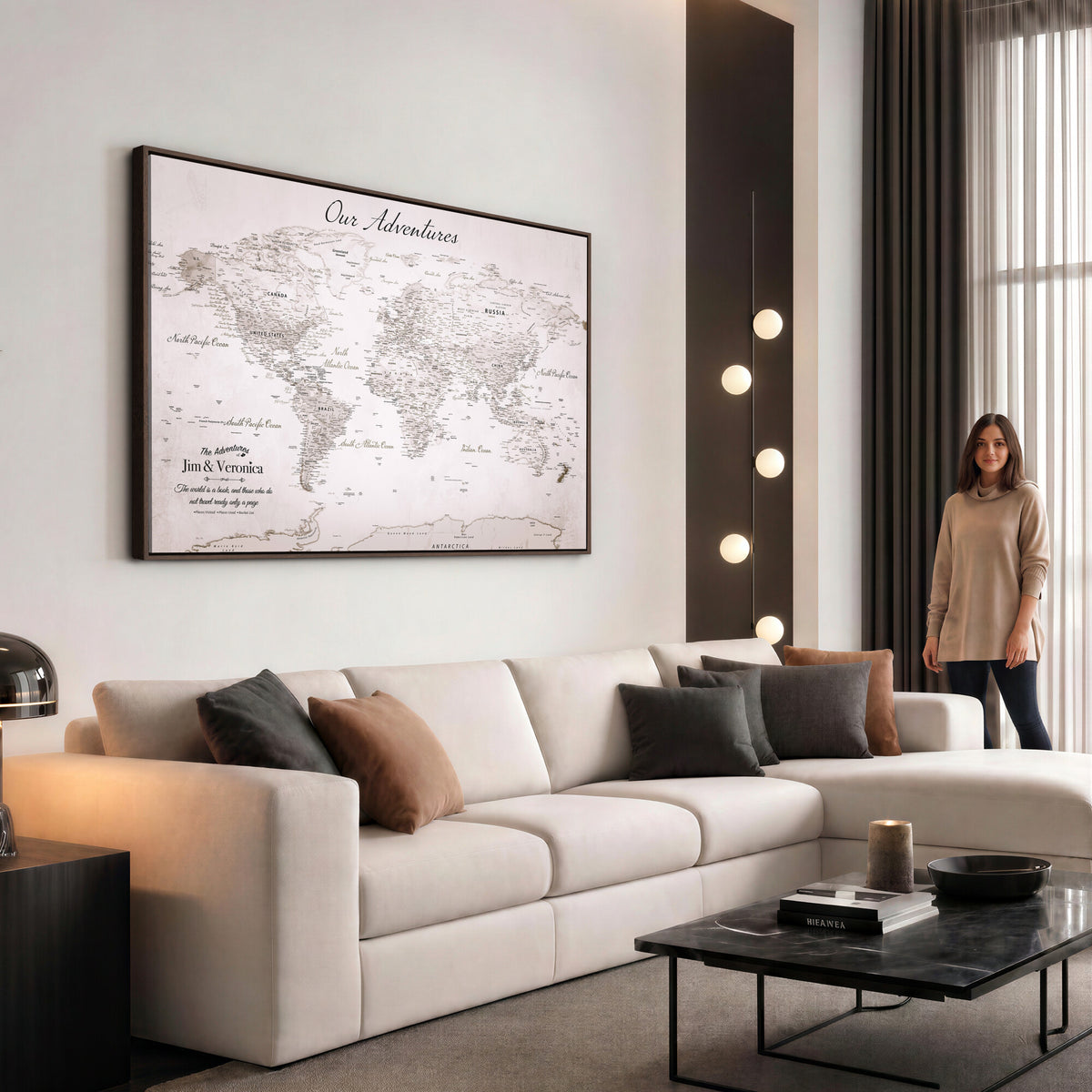 62392749-MGV-CV-36X24 - Personalized Beige Vintage World Travel Map Wall Art with Pins, Honeymoon and Anniversary Gift, Entryway and Hallway Decor