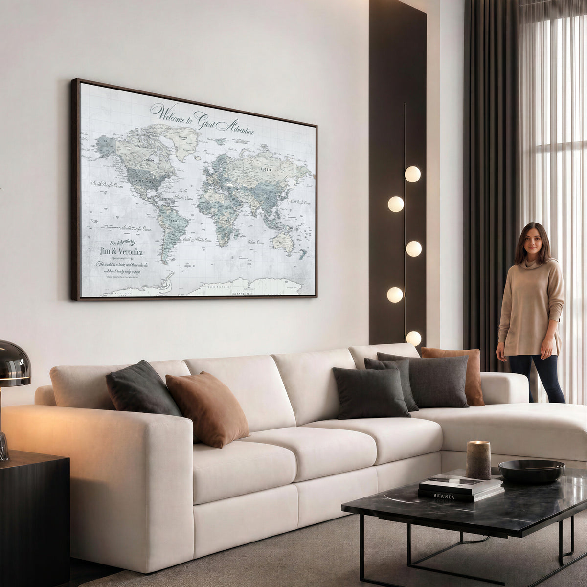 55391088-MGV-CV-36X24 - Personalized Beige Antique Push Pin World Map Canvas Print, Family Travel Tracker, Family Room and Entryway Decor