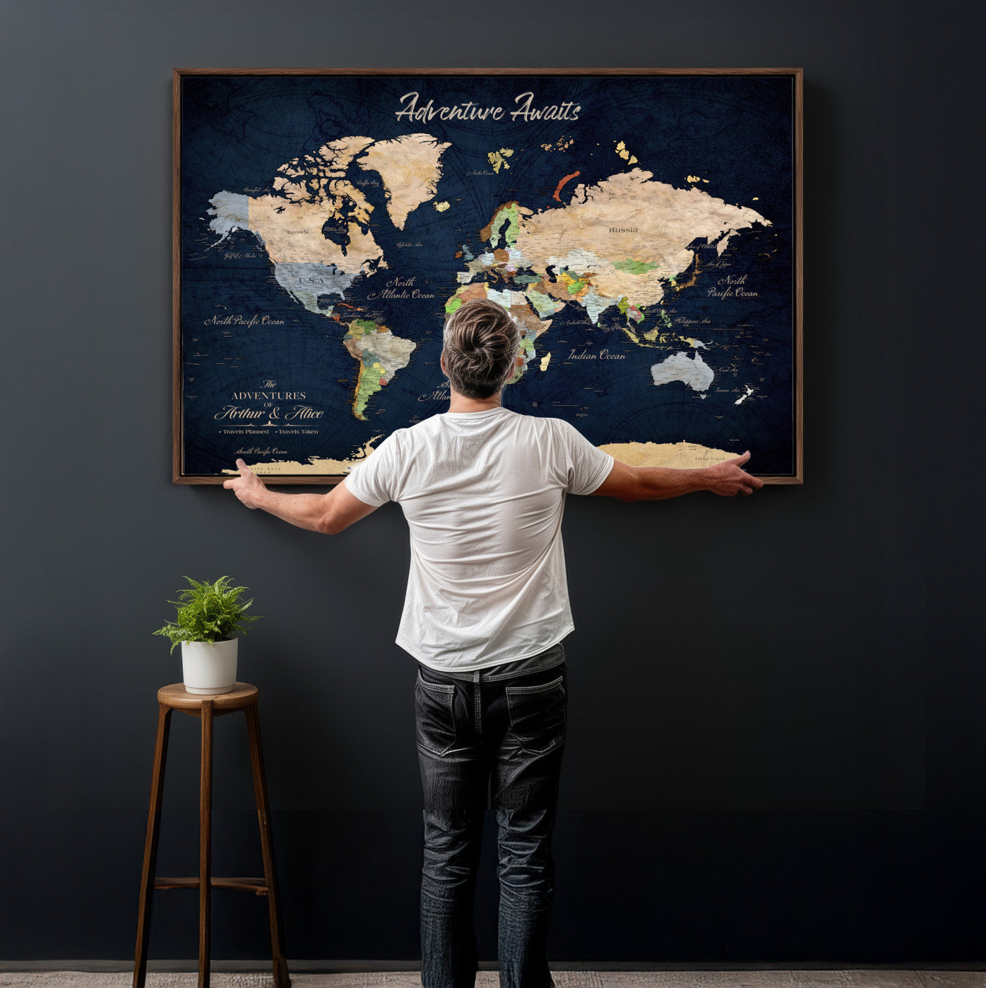 39120422-MGV-CV-36X24 - Custom Push Pin World Map Wall Art Canvas Print – Personalized Travel Tracker with Pins Framed Large for Home and Office Decor