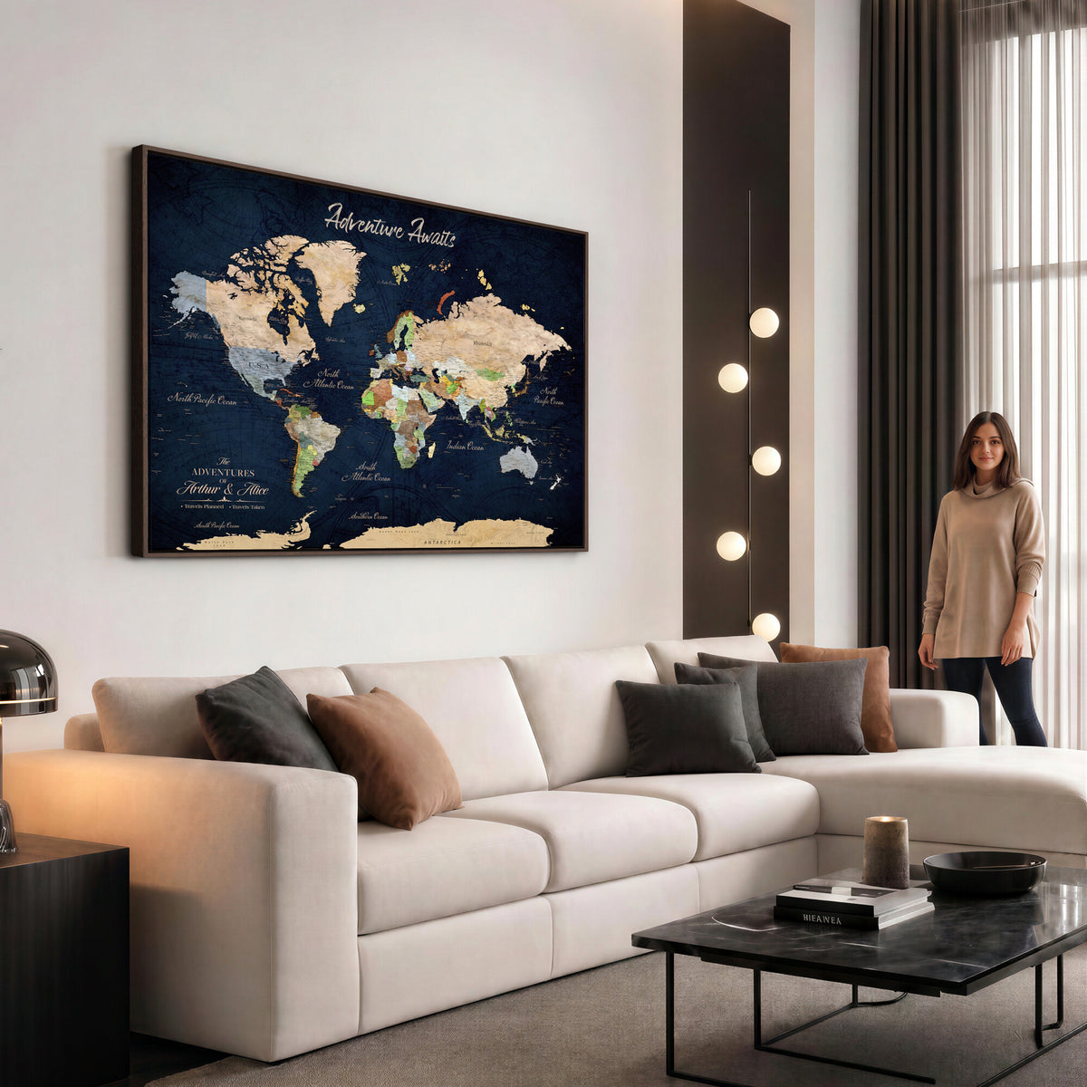 39120422-MGV-CV-36X24 - Personalized Beige Antique Push Pin Travel Map Canvas Print, Bucket List Map, Dining Room and Entryway Decor