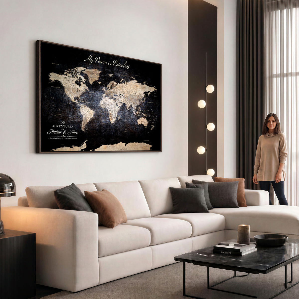 38689152-MGV-CV-36X24 - Personalized Beige World Map Canvas with Push Pins, Couples Countries Visited Map, Study and Hallway Decor