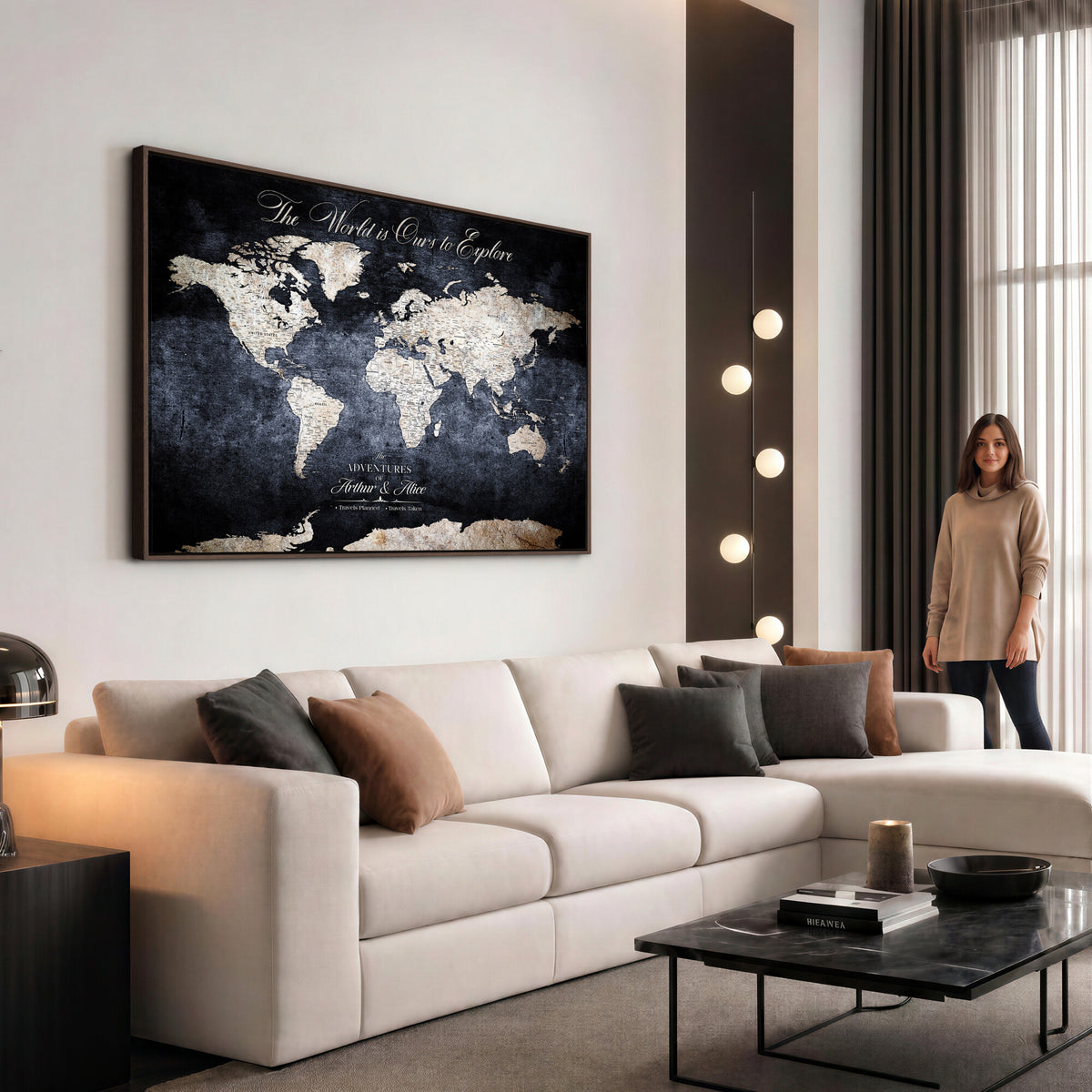 78489746-MGV-CV-36X24 - Custom Push Pin World Map Wall Art Canvas Print | Personalized Travel Tracker with Pins Framed Large for Home and Office Decor