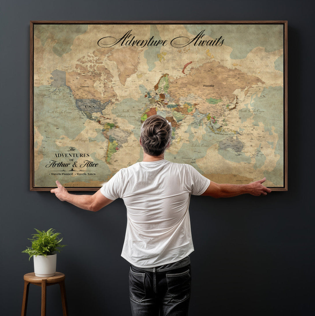 80420159-MGV-CV-36X24 - Custom Push Pin World Map Wall Art Canvas Print – Personalized Travel Tracker with Pins Framed Large for Home and Office Decor