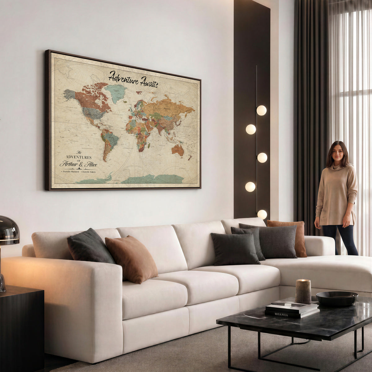 10741176-MGV-CV-36X24 - Custom Push Pin World Map Wall Art Canvas Print | Personalized Travel Tracker with Pins Framed Large for Home and Office Decor