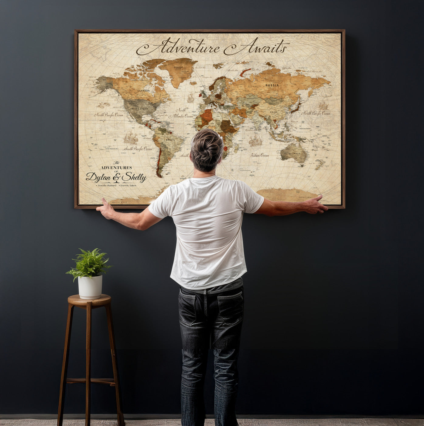 96009630-MGV-CV-36X24 - Custom Push Pin World Map Wall Art Canvas Print – Personalized Travel Tracker with Pins Framed Large for Home and Office Decor