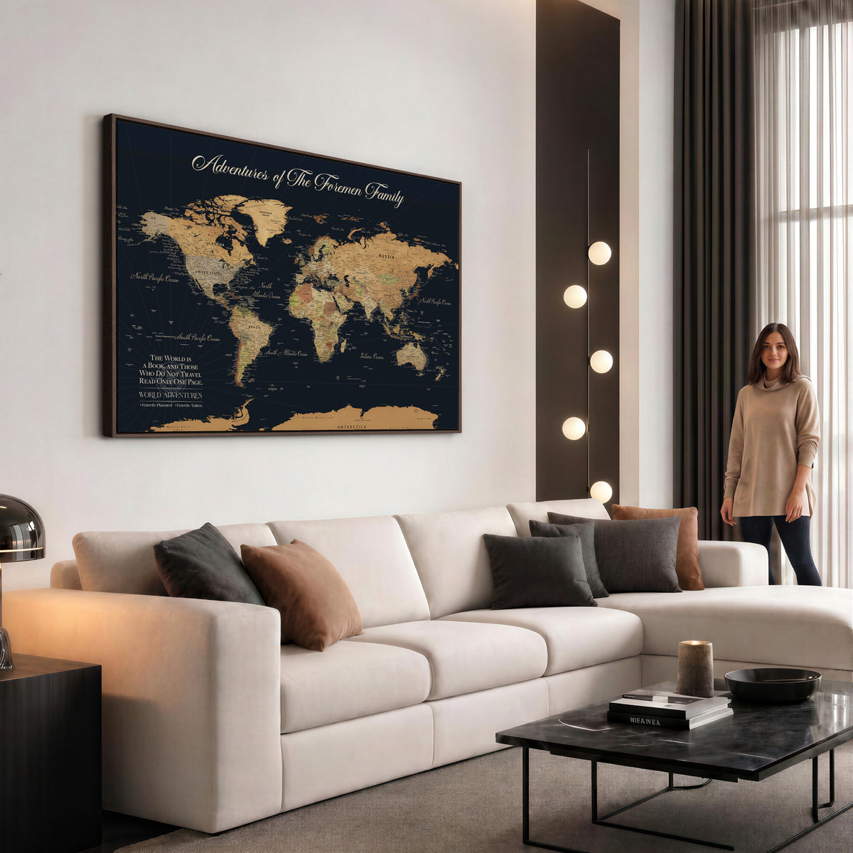89403803-MGV-CV-36X24 - Personalized Beige Modern Family Adventure Push Pin World Map Canvas, Places Visited Tracker, Family Room and Home Office Decor