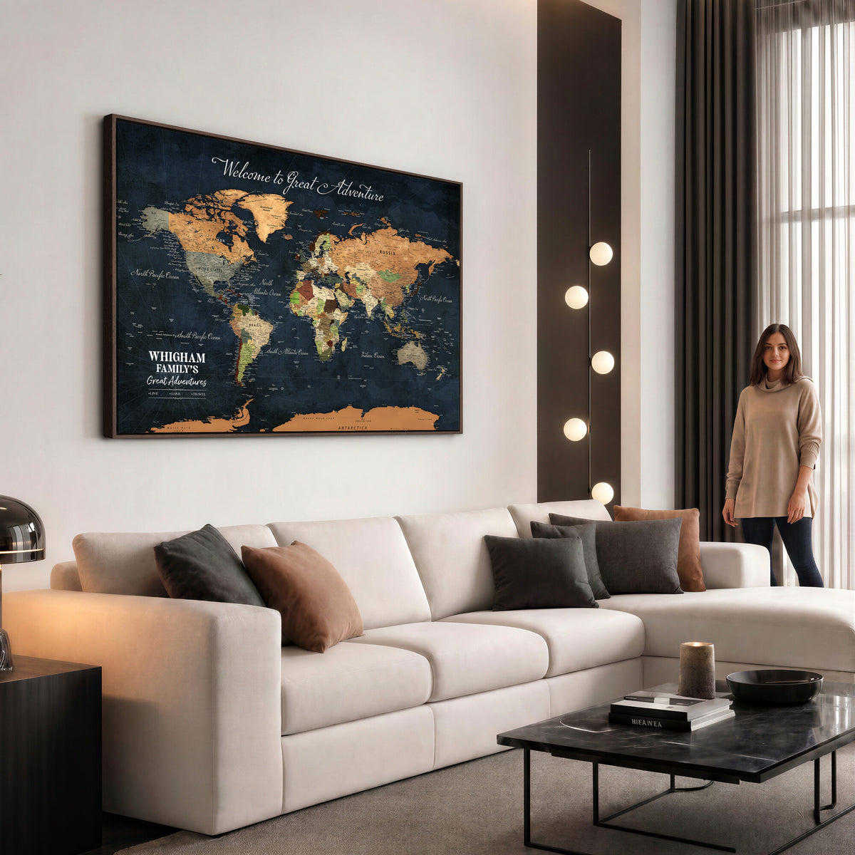 66788995-MGV-CV-36X24 - Custom Push Pin World Map Wall Art Canvas Print | Personalized Travel Tracker with Pins Framed Large for Home and Office Decor