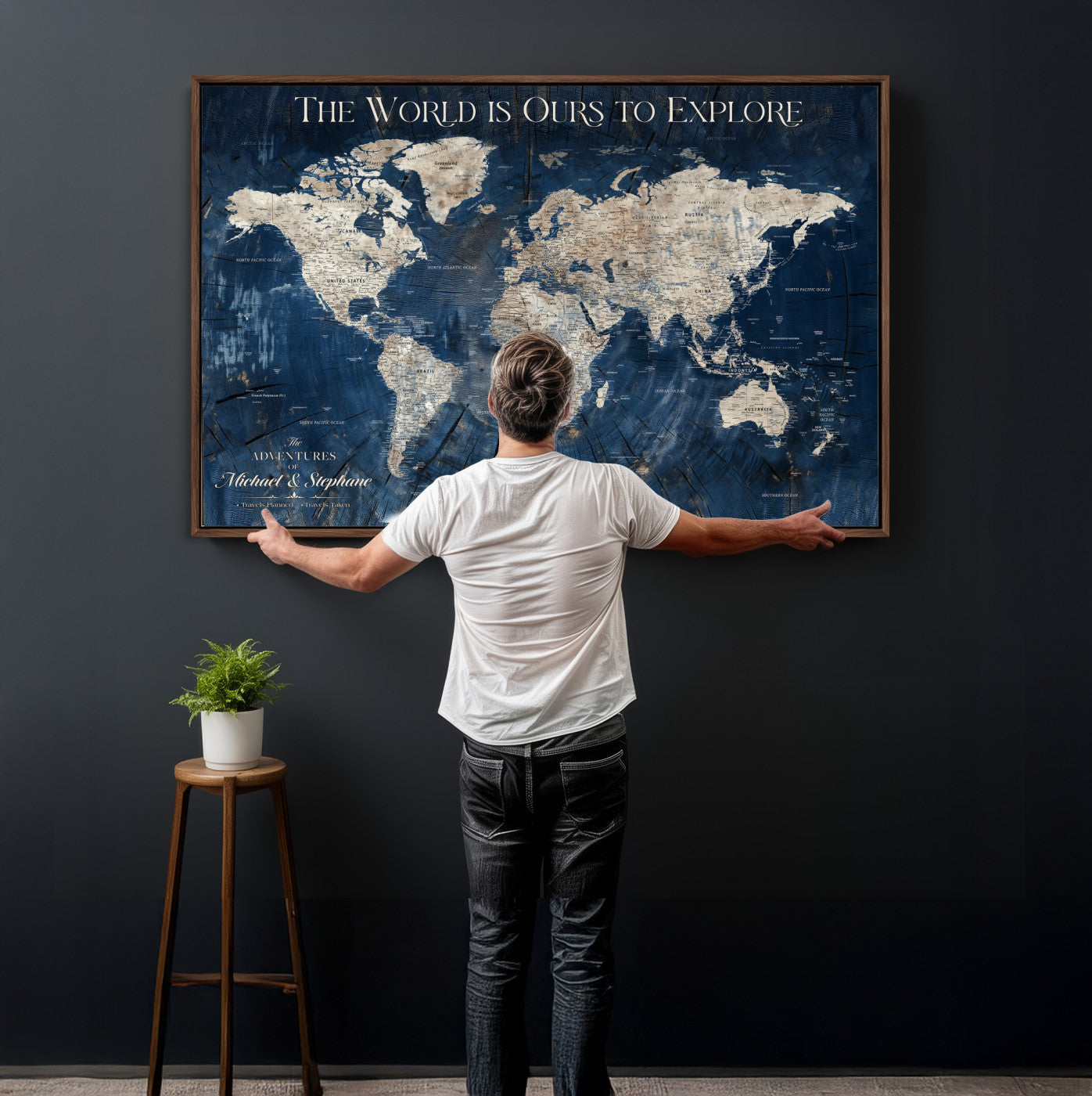 76965912-MGV-CV-36X24 - Custom Push Pin World Map Wall Art Canvas Print – Personalized Travel Tracker with Pins Framed Large for Home and Office Decor