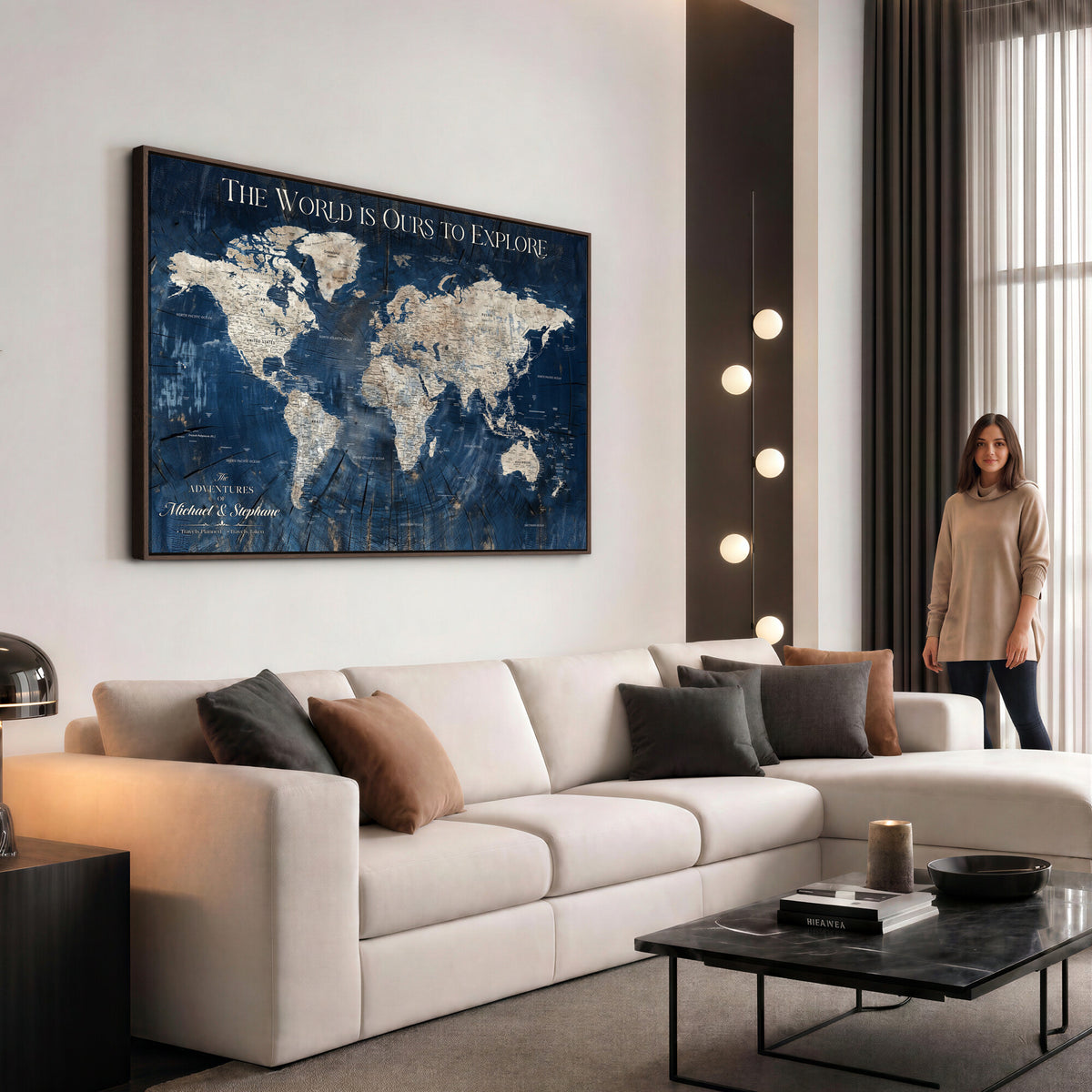 76965912-MGV-CV-36X24 - Custom Push Pin World Map Wall Art Canvas Print – Personalized Travel Tracker with Pins Framed Large for Home and Office Decor