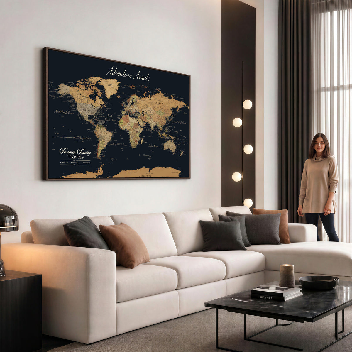 31781393-MGV-CV-36X24 - Custom Push Pin World Map Wall Art Canvas Print | Personalized Travel Tracker with Pins Framed Large for Home Decor