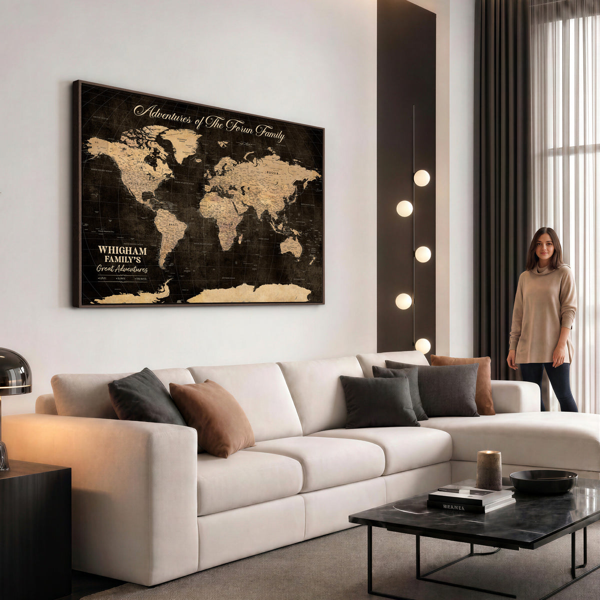 69635819-MGV-CV-36X24 - Custom Push Pin World Map Wall Art Canvas Print | Personalized Travel Tracker with Pins Framed Large for Home and Office Decor