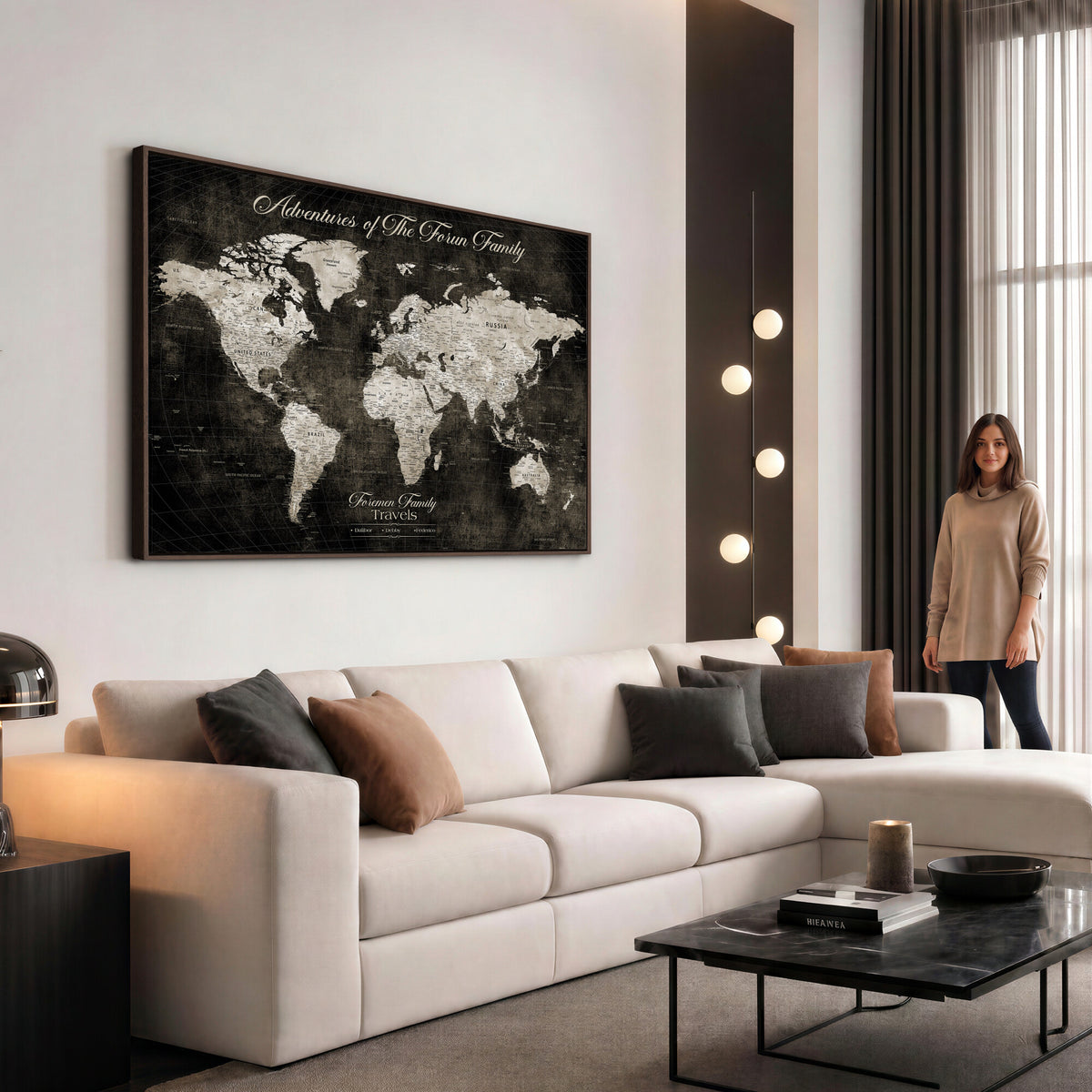 73767525-MGV-CV-36X24 - Custom Push Pin World Map Wall Art Canvas Print | Personalized Travel Tracker with Pins Framed Large for Home and Office Decor