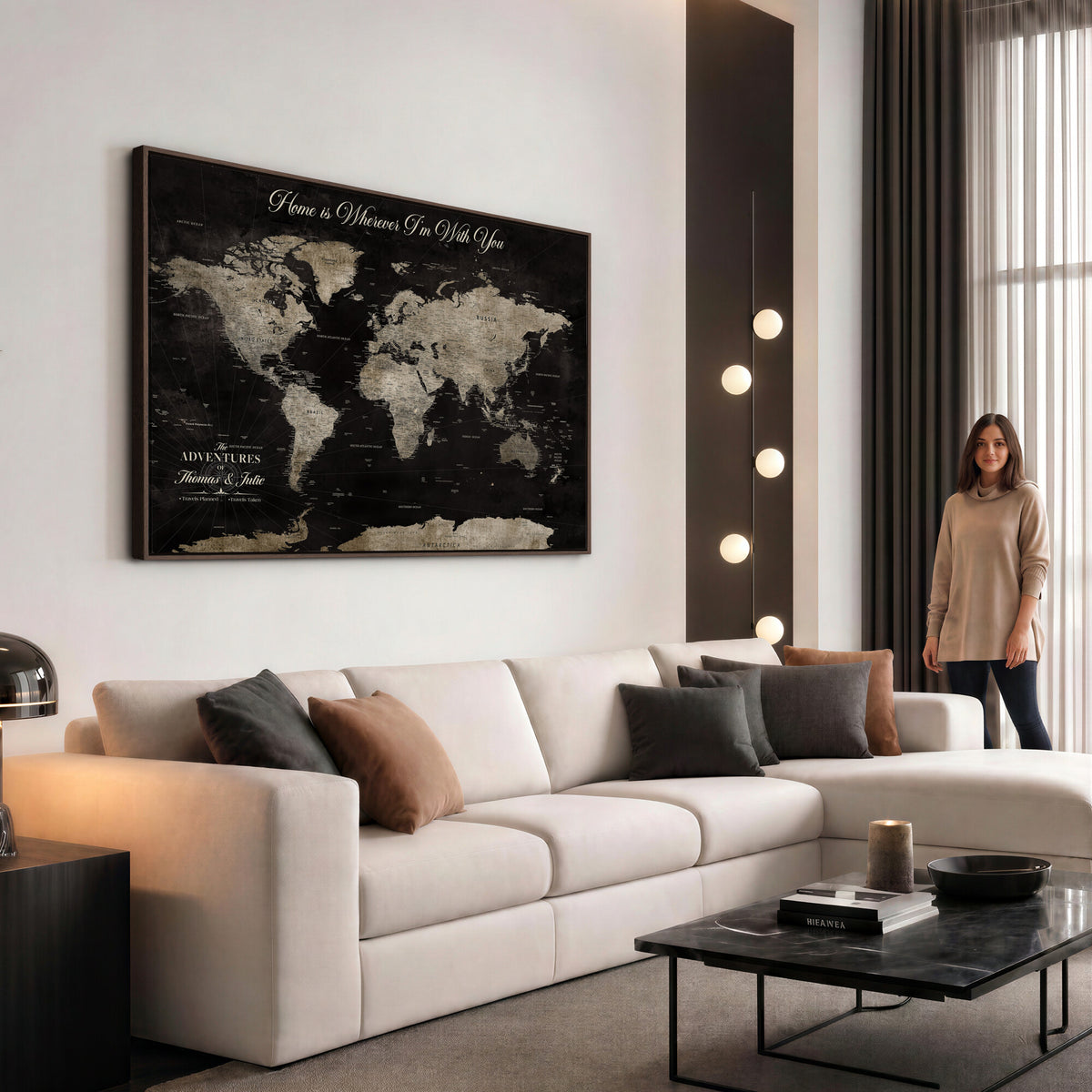 28461537-MGV-CV-36X24 - Personalized Framed Black Geometric World Map Canvas with Push Pins, Bucket List Map, Living Room and Dining Room Decor