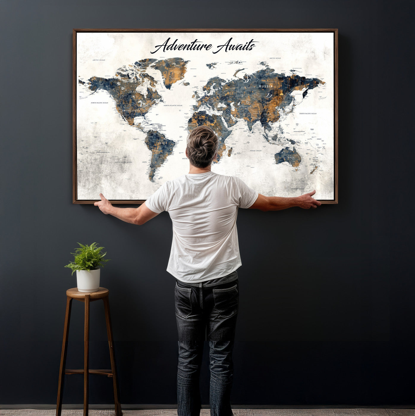 26041262-MGV-CV-36X24 - Custom Push Pin World Map Wall Art Canvas Print – Personalized Travel Tracker with Pins Framed Large for Home and Office Decor