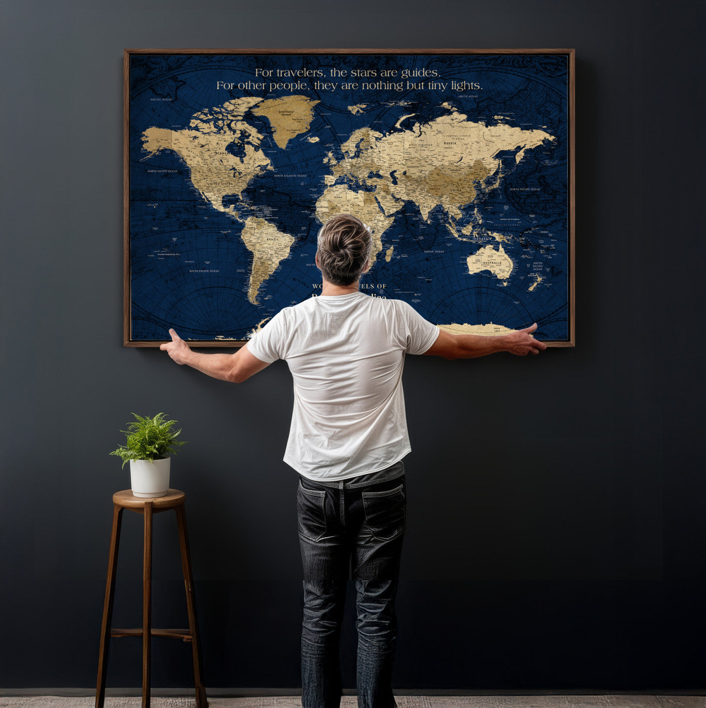 71667510-MGV-CV-36X24 - Custom Push Pin World Map Wall Art Canvas Print – Personalized Travel Tracker with Pins Framed Large for Home and Office Decor