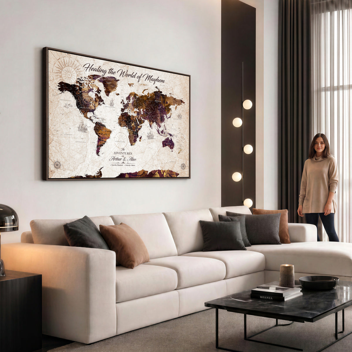 20154714-MGV-CV-36X24 - Custom Push Pin World Map Wall Art Canvas Print | Personalized Travel Tracker with Pins Framed Large for Home and Office Decor