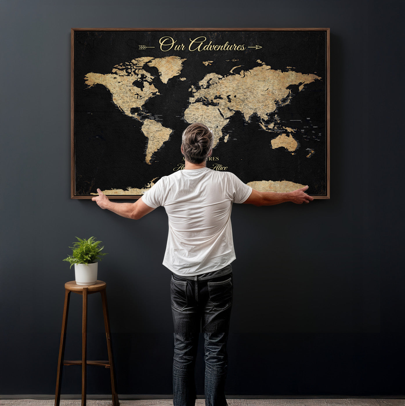 54638998-MGV-CV-36X24 - Custom Push Pin World Map Wall Art Canvas Print – Personalized Travel Tracker with Pins Framed Large for Home and Office Decor