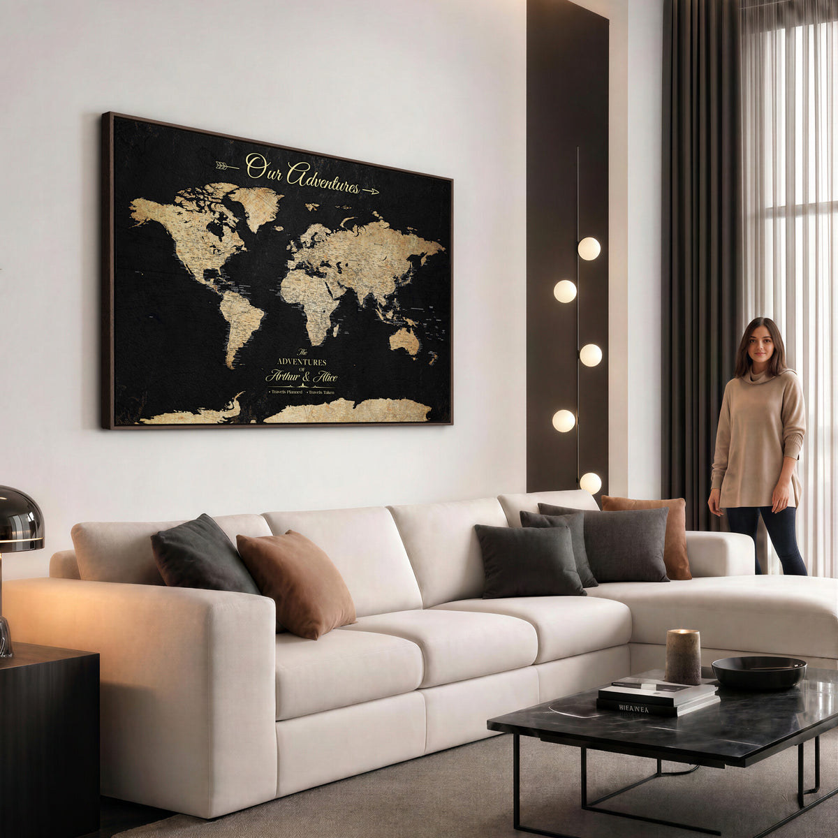 54638998-MGV-CV-36X24 - Custom Push Pin World Map Wall Art Canvas Print | Personalized Travel Tracker with Pins Framed Large for Home and Office Decor