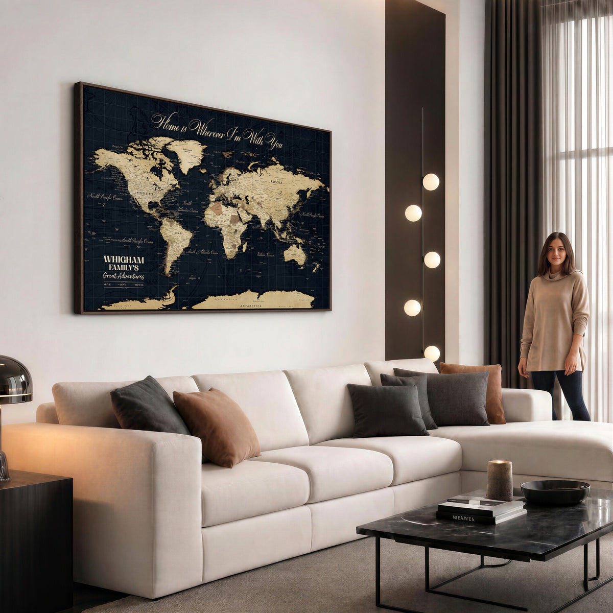 86888698-MGV-CV-36X24 - Custom Push Pin World Map Wall Art Canvas Print | Personalized Travel Tracker with Pins Framed Large for Home and Office Decor