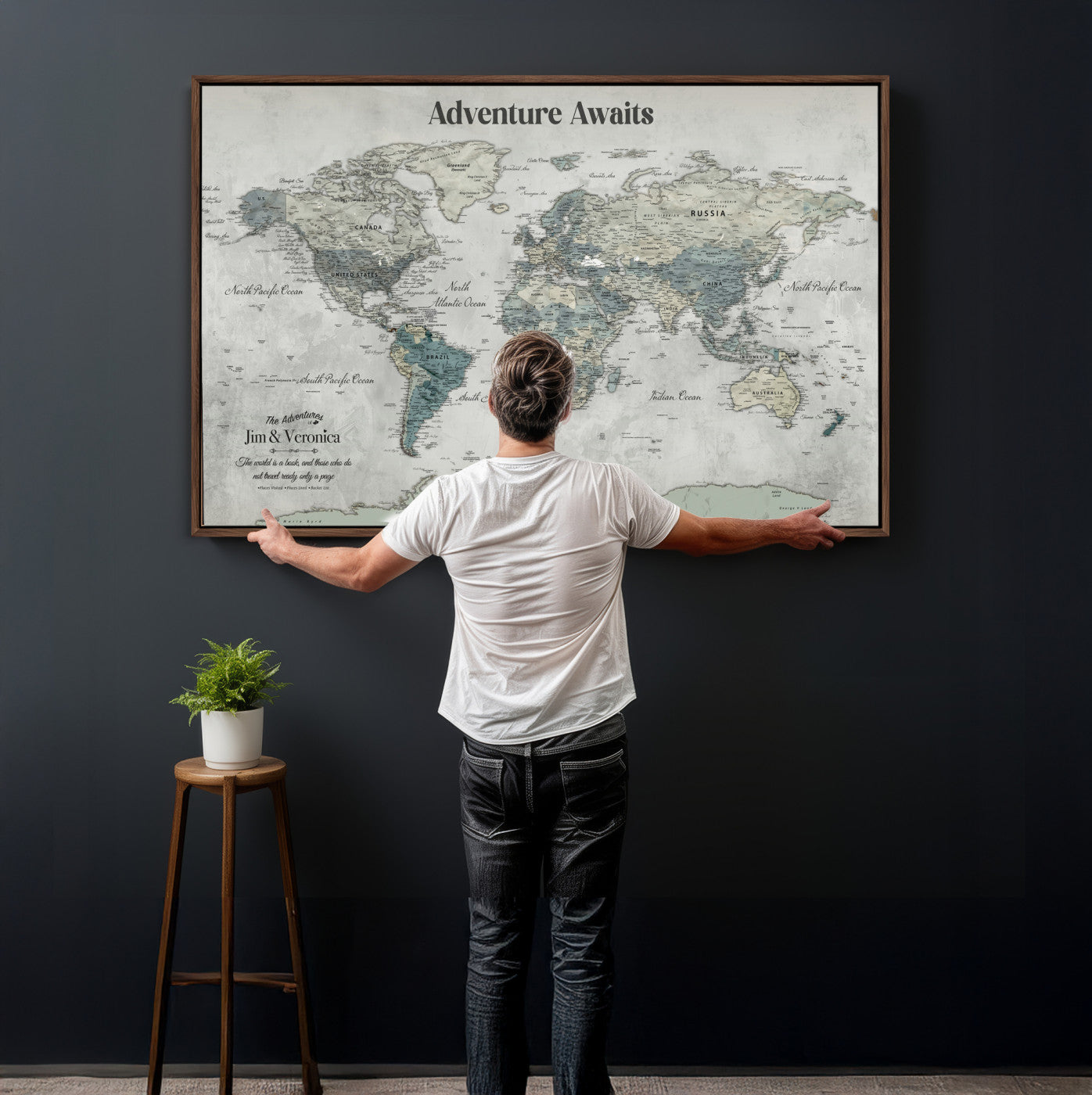 11945570-MGV-CV-36X24 - Custom Push Pin World Map Wall Art Canvas Print – Personalized Travel Tracker with Pins Framed Large for Home and Office Decor