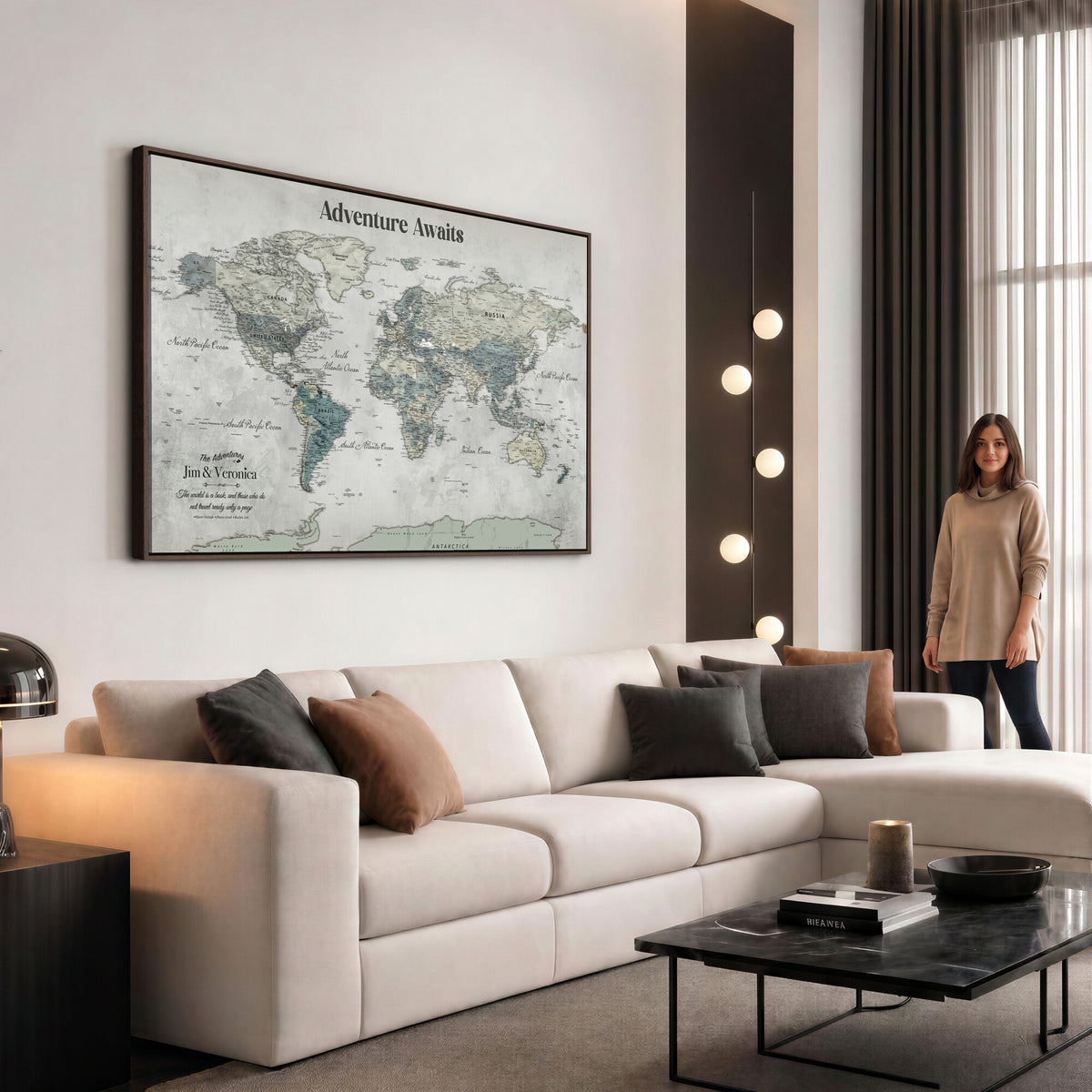 11945570-MGV-CV-36X24 - Custom Push Pin World Map Wall Art Canvas Print | Personalized Travel Tracker with Pins Framed Large for Home and Office Decor