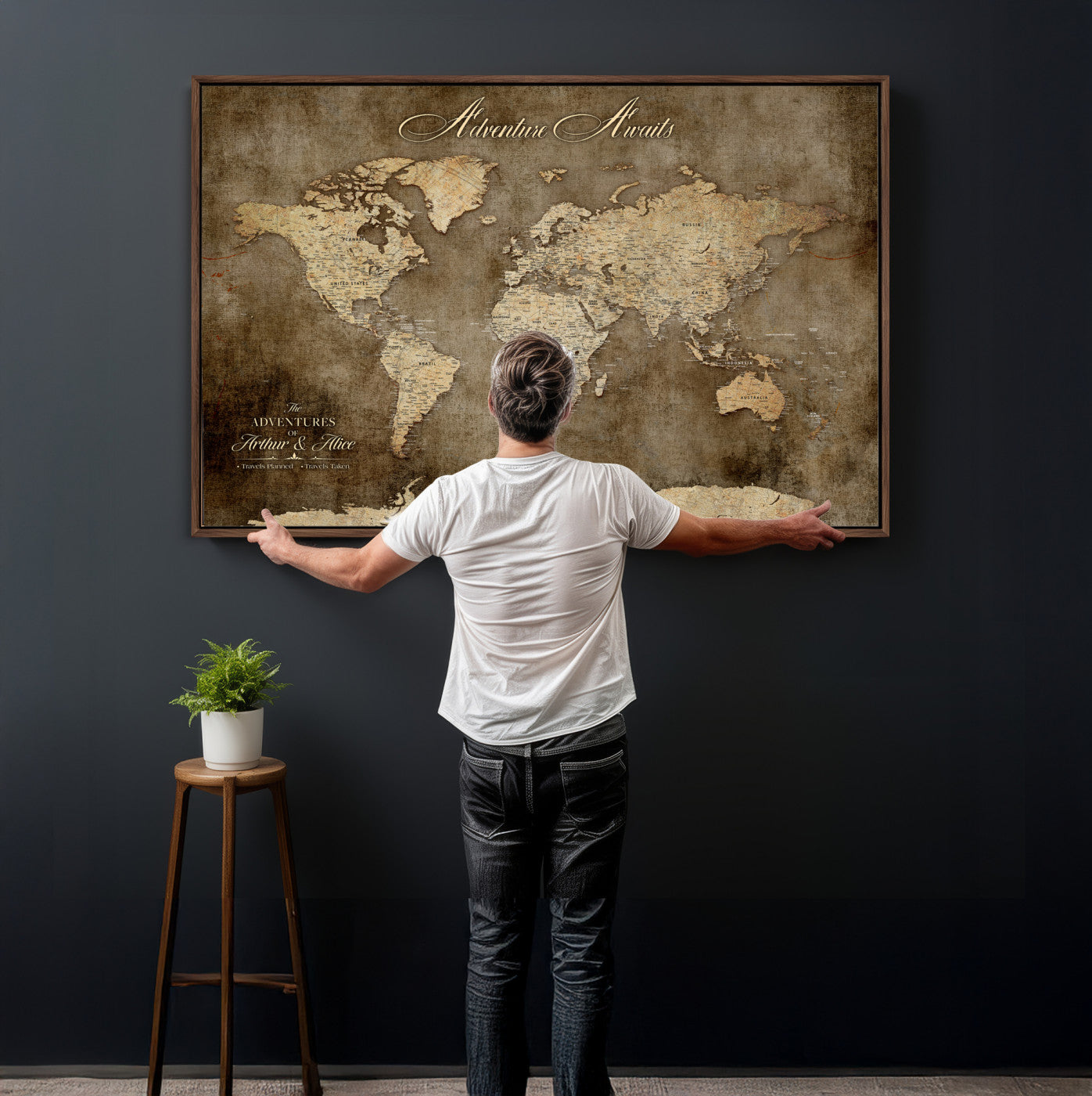 61836190-MGV-CV-36X24 - Custom Push Pin World Map Wall Art Canvas Print – Personalized Travel Tracker with Pins Framed Large for Home and Office Decor