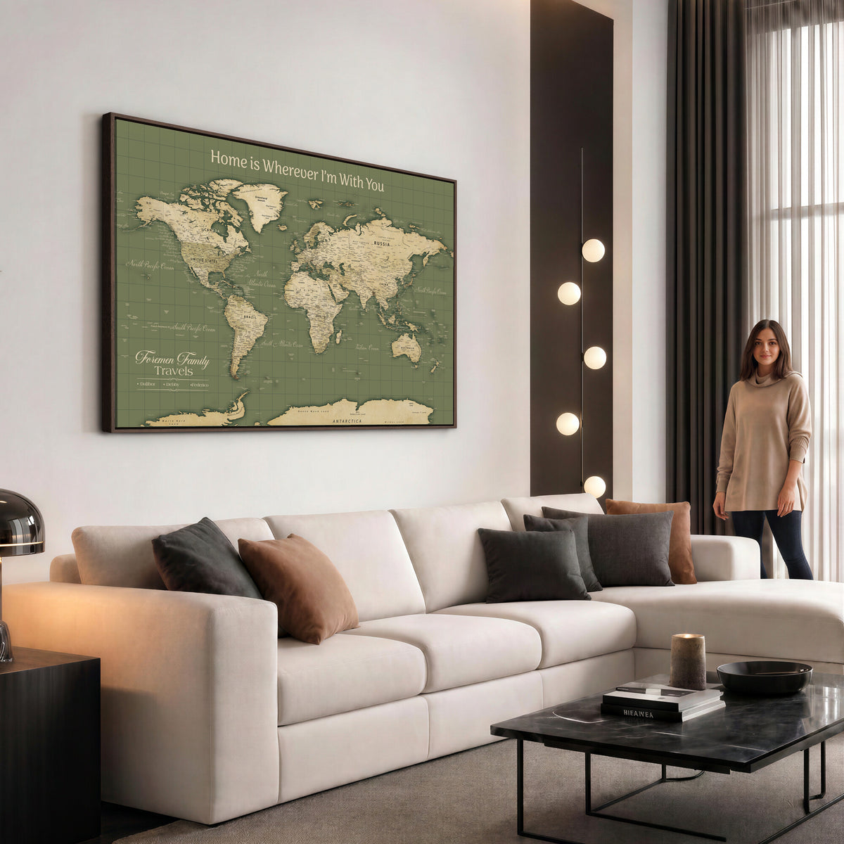 88521244-MGV-CV-36X24 - Custom Push Pin World Map Wall Art Canvas Print | Personalized Travel Tracker with Pins Framed Large for Home and Office Decor