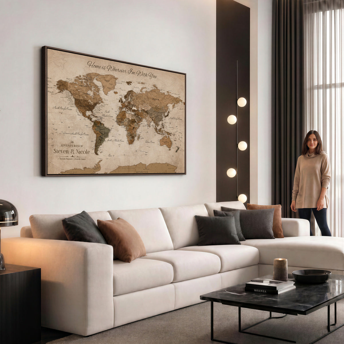 67360040-MGV-CV-36X24 - Personalized Framed Navy Geometric World Map Canvas with Push Pins, Couples Countries Visited Map, Living Room and Hallway Decor