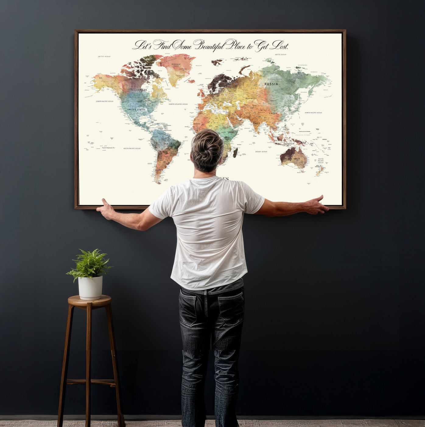 73360781-MGV-CV-36X24 - Custom Push Pin World Map Wall Art Canvas Print – Personalized Travel Tracker with Pins Framed Large for Home and Office Decor