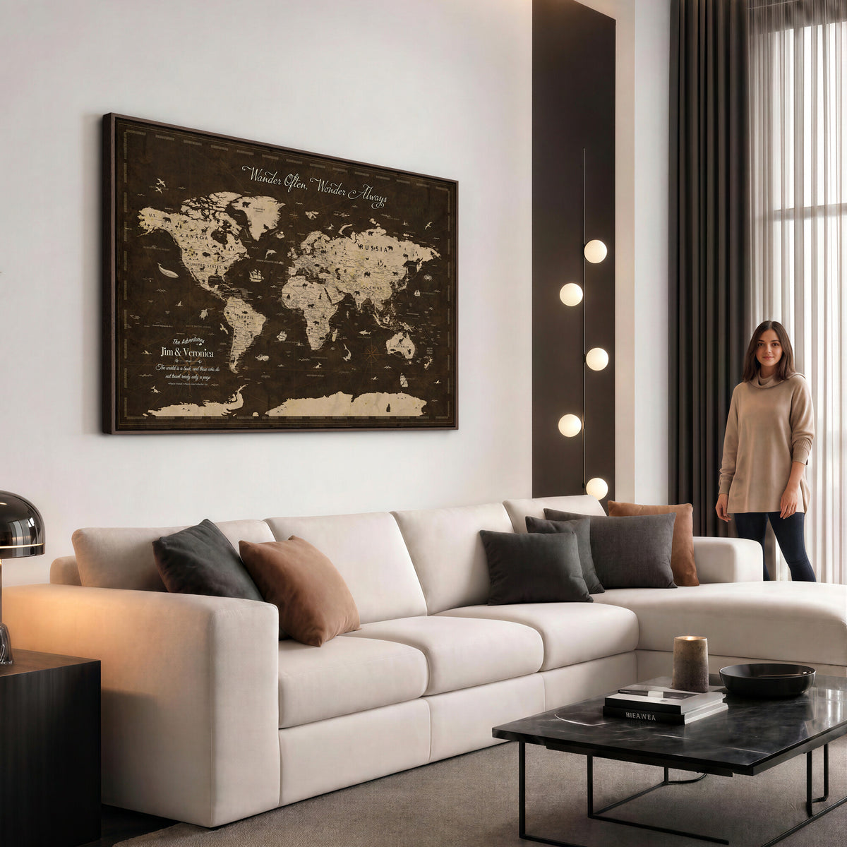 20091587-MGV-CV-36X24 - Custom Push Pin World Map Wall Art Canvas Print | Personalized Travel Tracker with Pins Framed Large for Home and Office Decor
