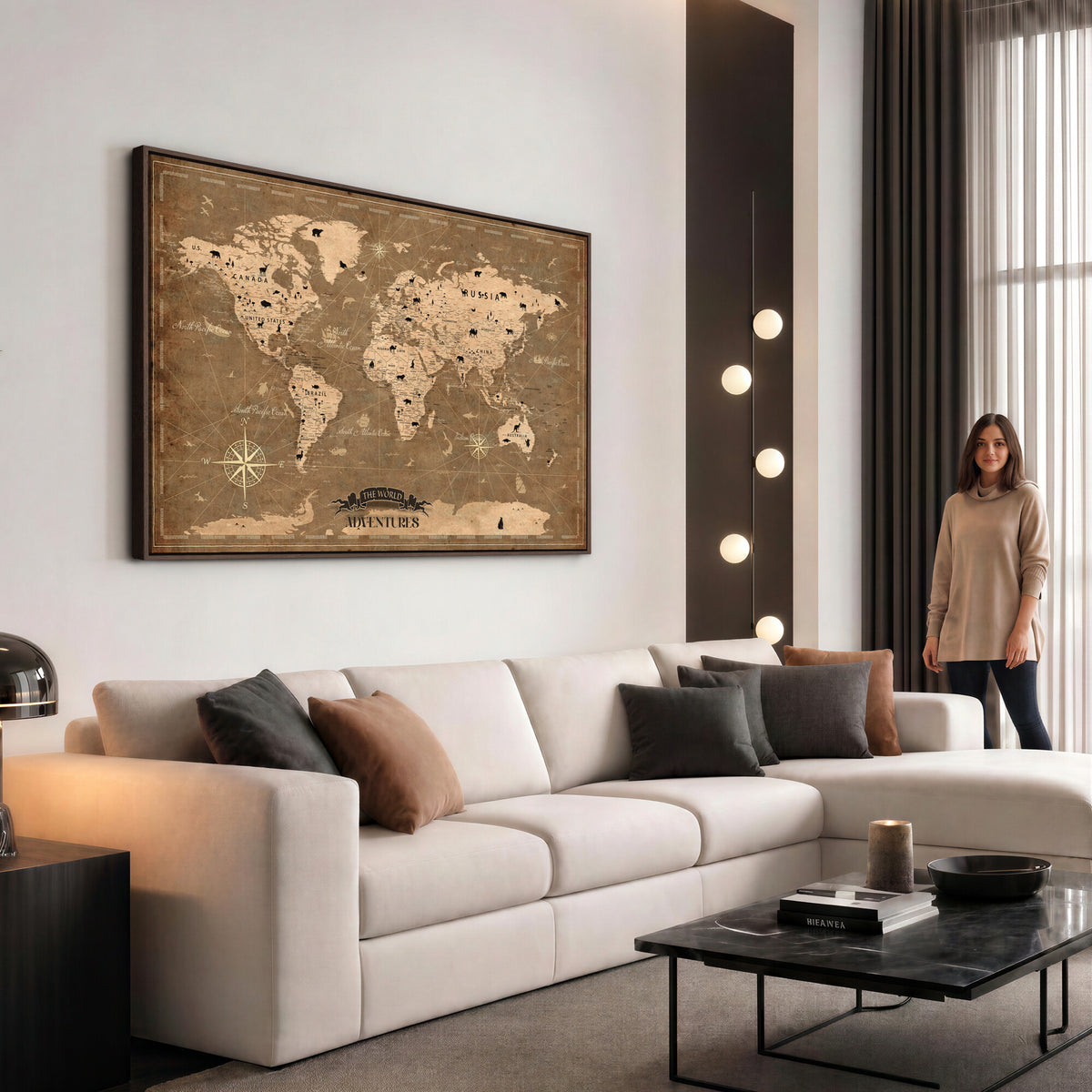 16235283-MGV-CV-36X24 - Custom World Travel Map Wall Art with Pins, Family Travel Tracker, Living Room and Bedroom Decor
