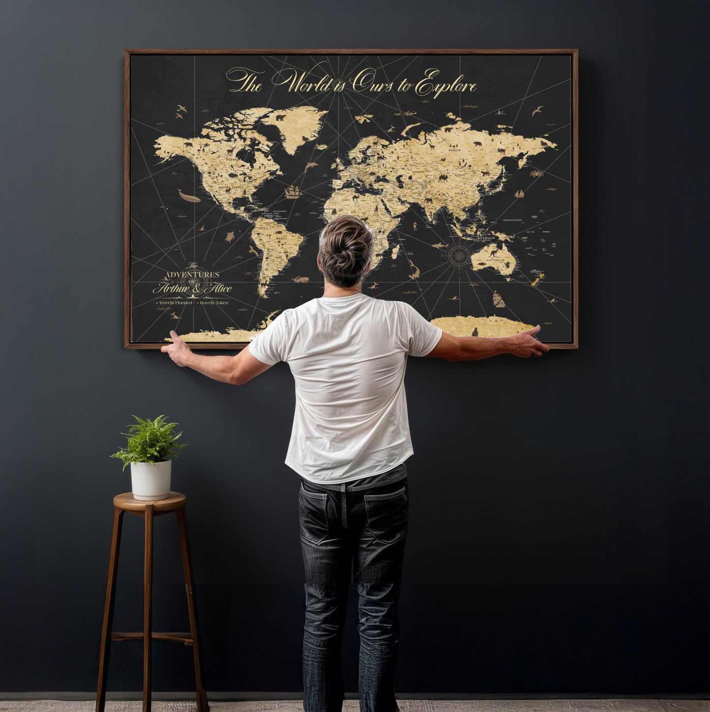 54097664-MGV-CV-36X24 - Custom Push Pin World Map Wall Art Canvas Print – Personalized Travel Tracker with Pins Framed Large for Home and Office Decor