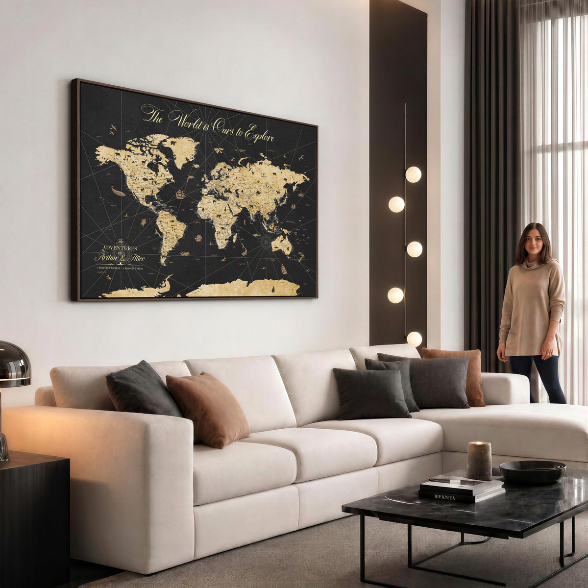 54097664-MGV-CV-36X24 - Custom Push Pin World Map Canvas Print, Couples Countries Visited Map, Living Room and Home Office Decor