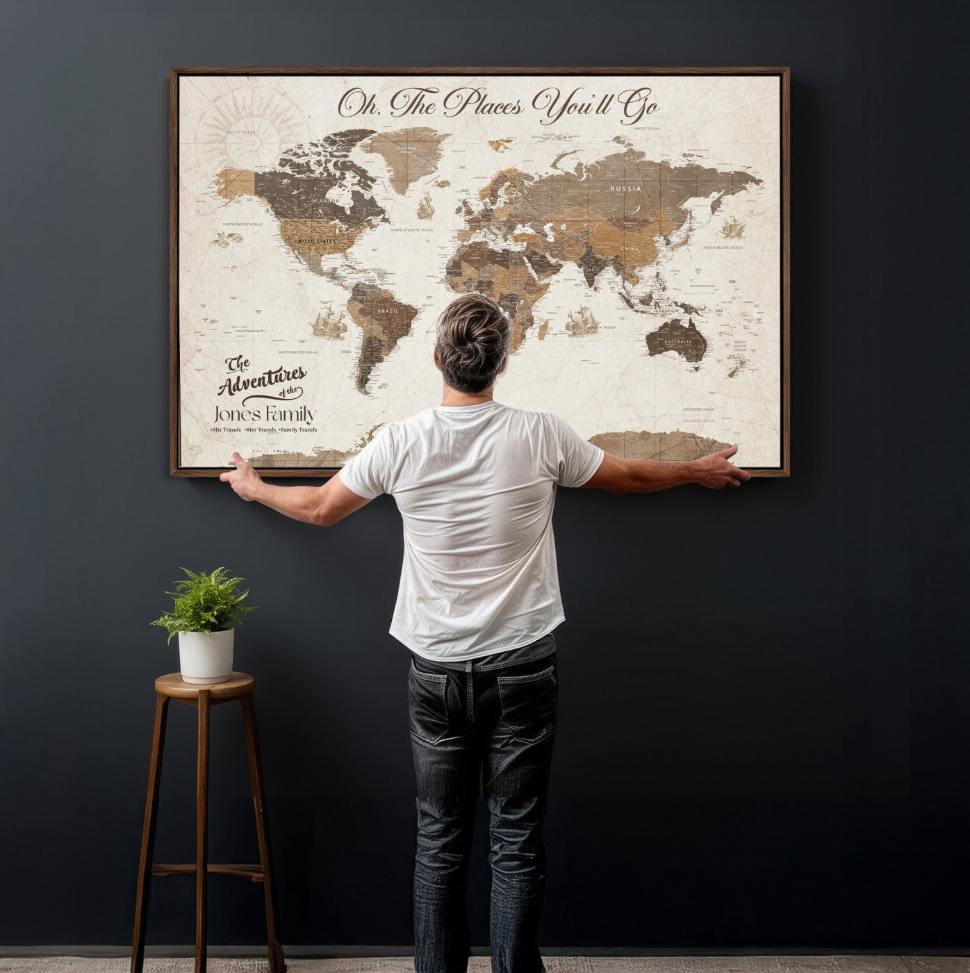 99085321-MGV-CV-36X24 - Custom Push Pin World Map Wall Art Canvas Print – Personalized Travel Tracker with Pins Framed Large for Home and Office Decor