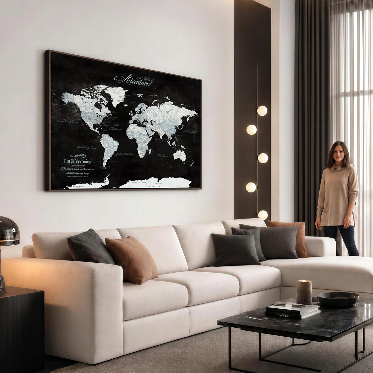 67491071-MGV-CV-36X24 - Custom Beige World Travel Map Wall Art with Pins, Places Visited Tracker, Bedroom and Home Office Decor