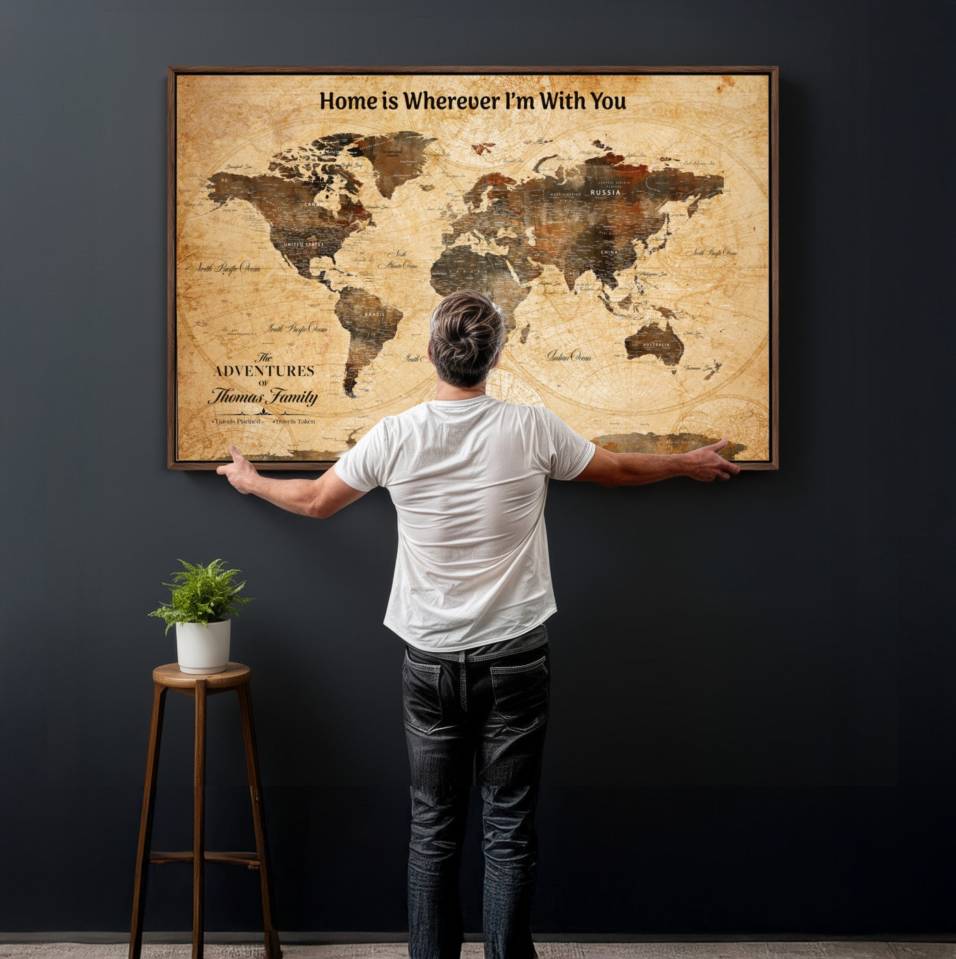 99095125-MGV-CV-36X24 - Custom Push Pin World Map Wall Art Canvas Print – Personalized Travel Tracker with Pins Framed Large for Home and Office Decor