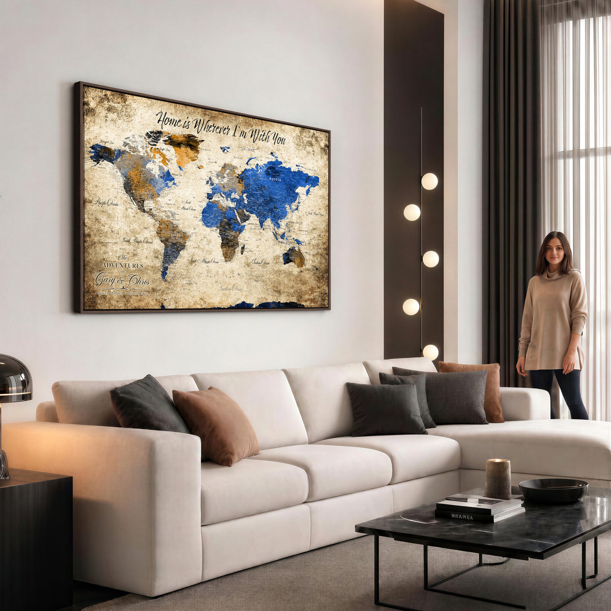 13332533-MGV-CV-36X24 - Personalized Framed Beige World Map Canvas with Push Pins, Honeymoon and Anniversary Gift, Living Room and Home Office Decor