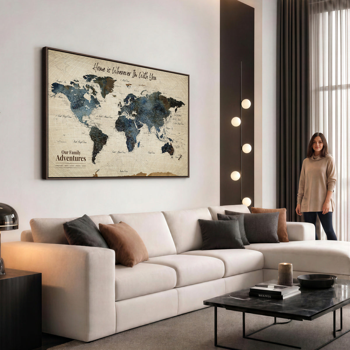 51383535-MGV-CV-36X24 - Personalized Framed Black Modern Push Pin Travel Map Canvas Print, Family Travel Tracker, Home Office and Entryway Decor