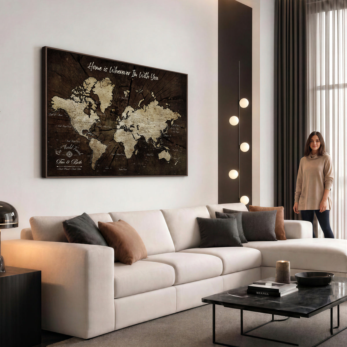 46573259-MGV-CV-36X24 - Personalized Watercolor Push Pin World Map Canvas Wall Art, Custom Framed Travel Map - NEWMAP-094