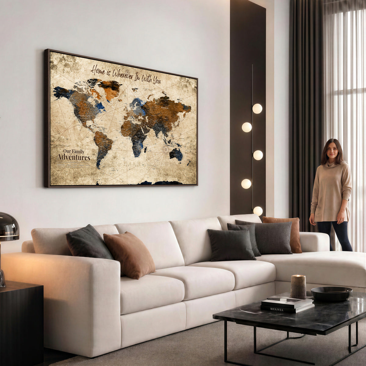 17548029-MGV-CV-36X24 - Personalized Framed Beige Modern Push Pin World Map Canvas Print, Bucket List Map, Home Office and Study Decor
