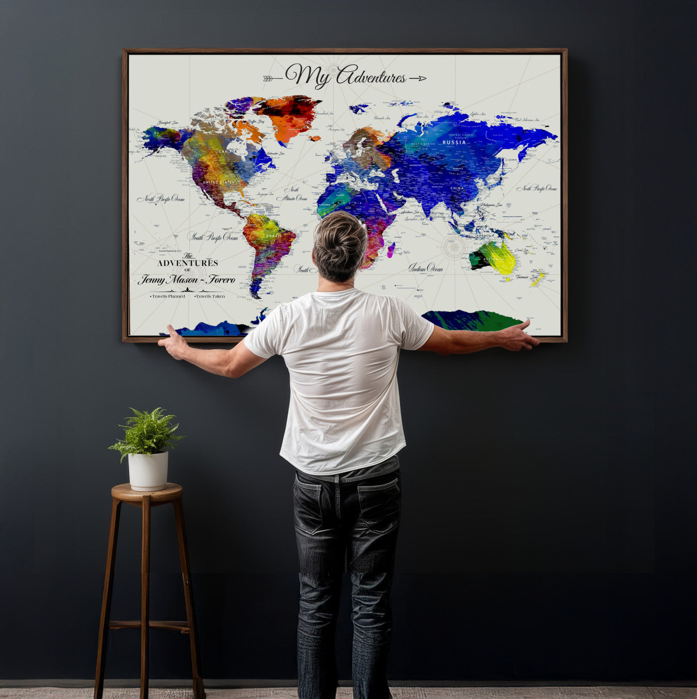 45423989-MGV-CV-36X24 - Custom Push Pin World Map Wall Art Canvas Print – Personalized Travel Tracker with Pins Framed Large for Home and Office Decor
