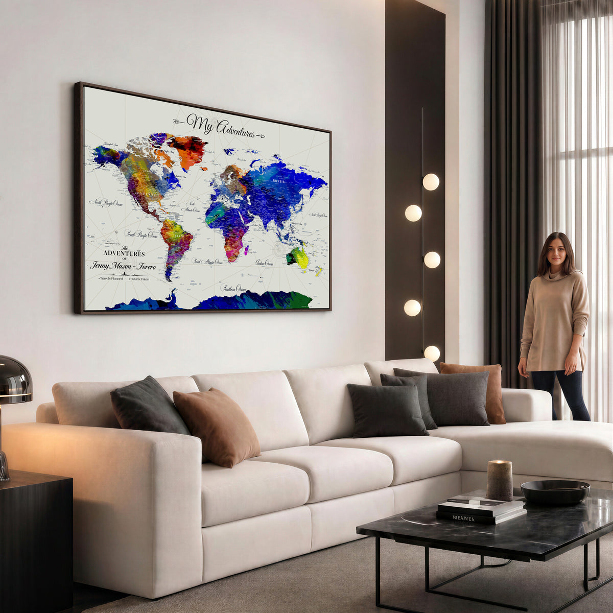 45423989-MGV-CV-36X24 - Detailed Custom Framed Beige Modern World Map Canvas with Push Pins, Honeymoon and Anniversary Gift, Dining Room and Home Office Decor