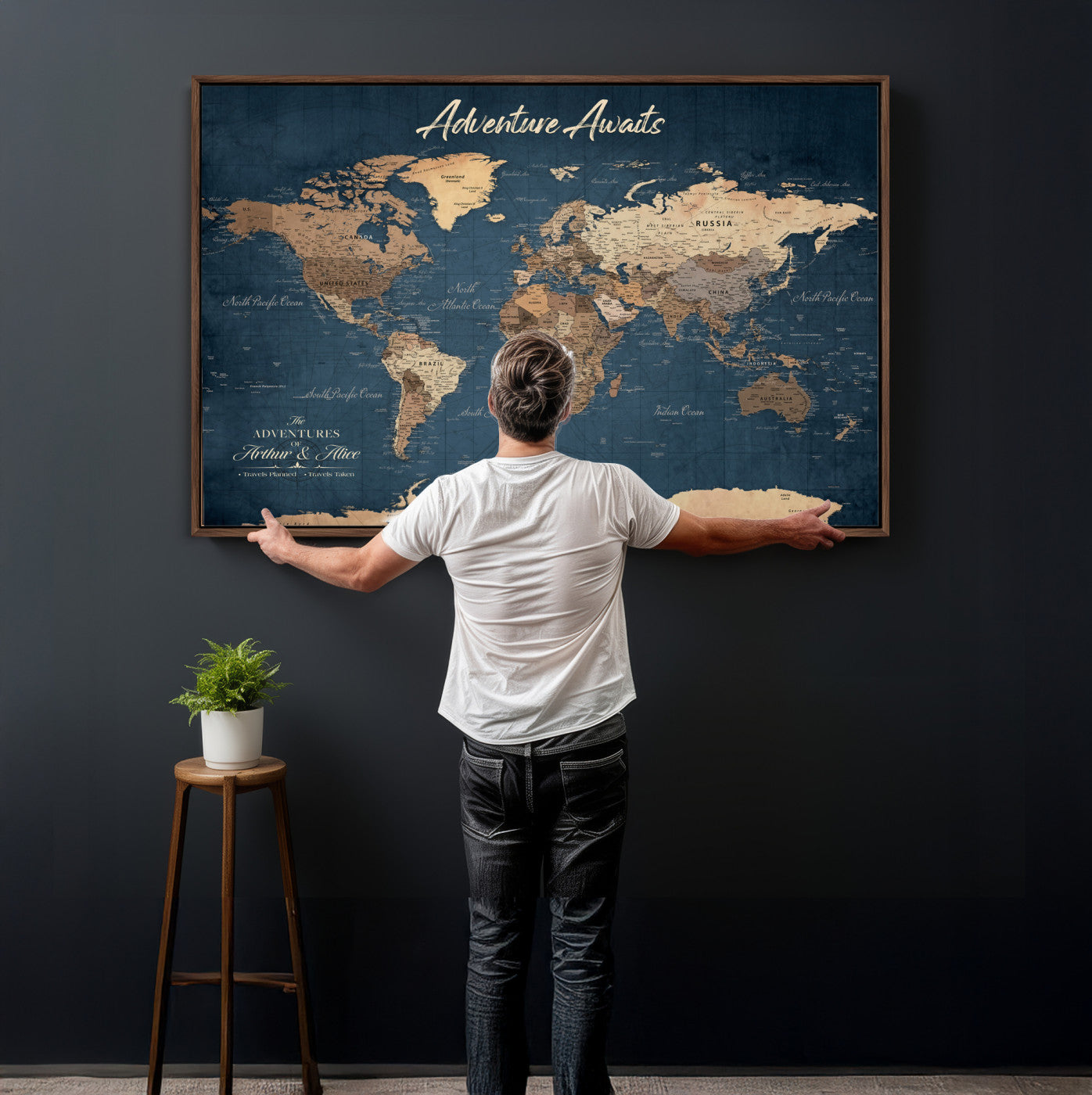 64110391-MGV-CV-36X24 - Custom Push Pin World Map Wall Art Canvas Print – Personalized Travel Tracker with Pins Framed Large for Home and Office Decor