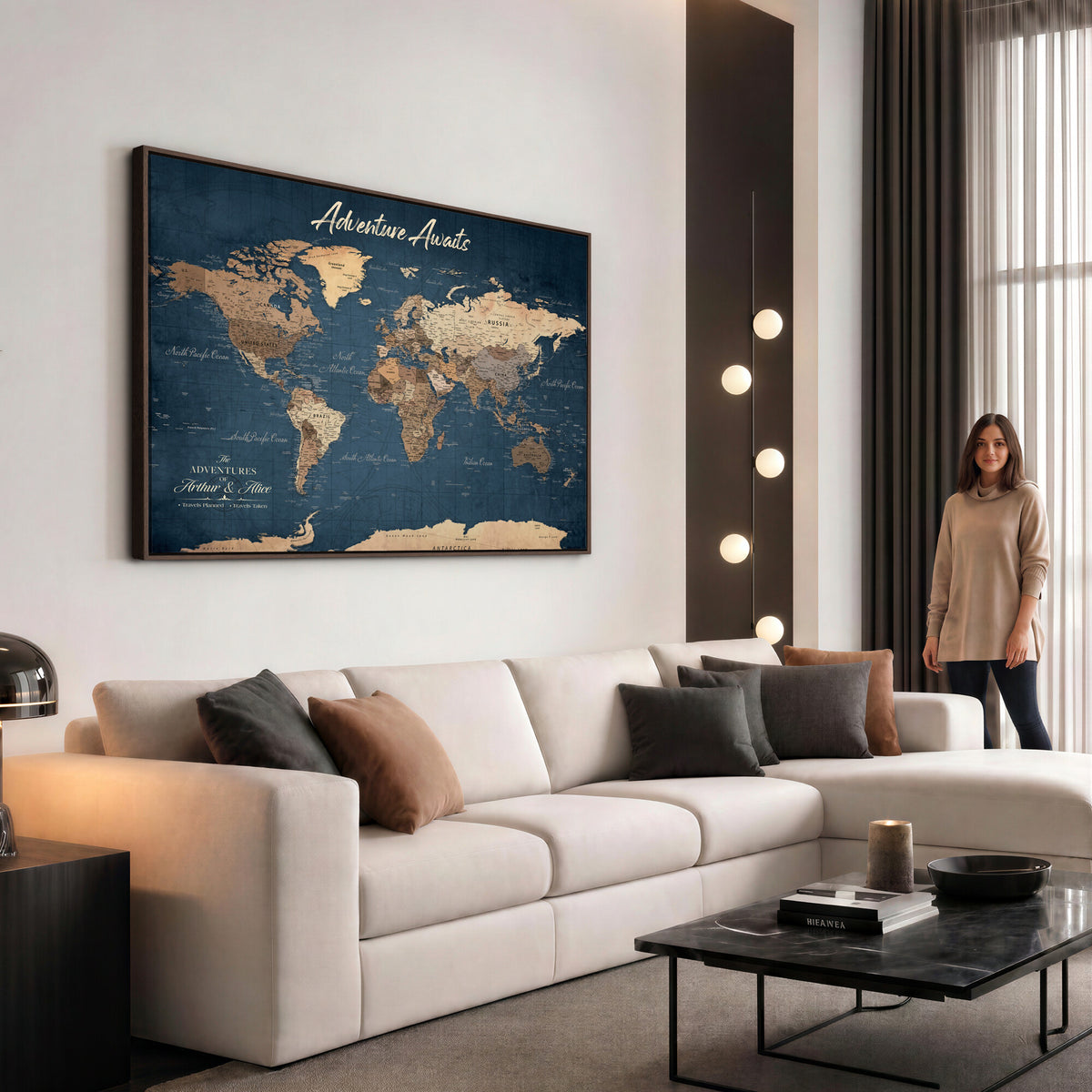 64110391-MGV-CV-36X24 - Personalized White Vintage World Travel Map Wall Art with Pins, Next Trip Planner Map, Family Room and Dining Room Decor