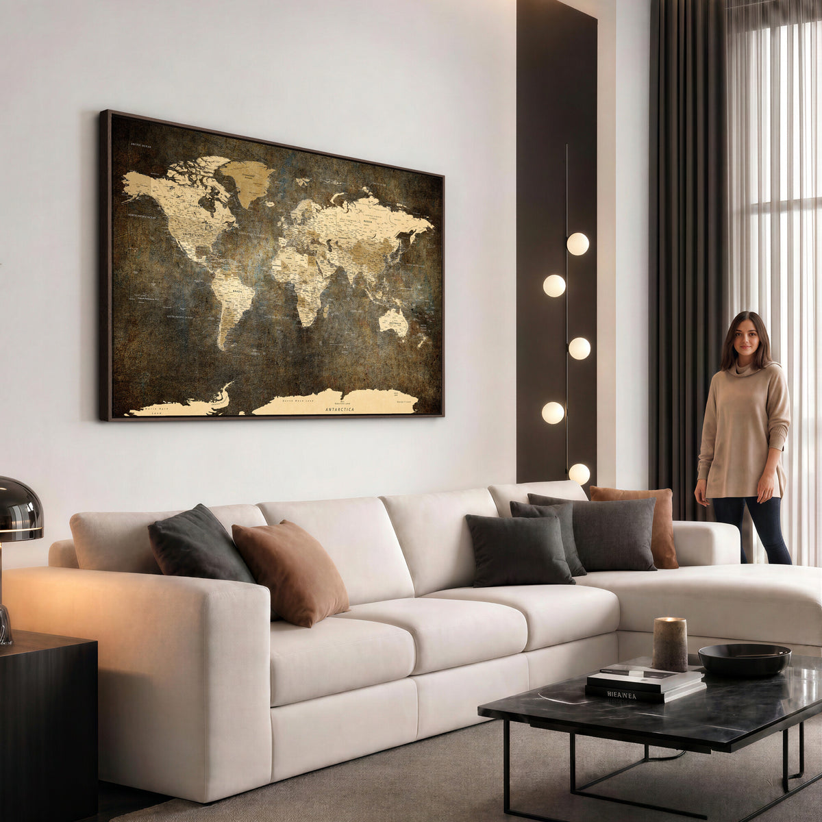 89742472-MGV-CV-36X24 - Large Framed Vintage World Map Wall Art Print for Home Wall