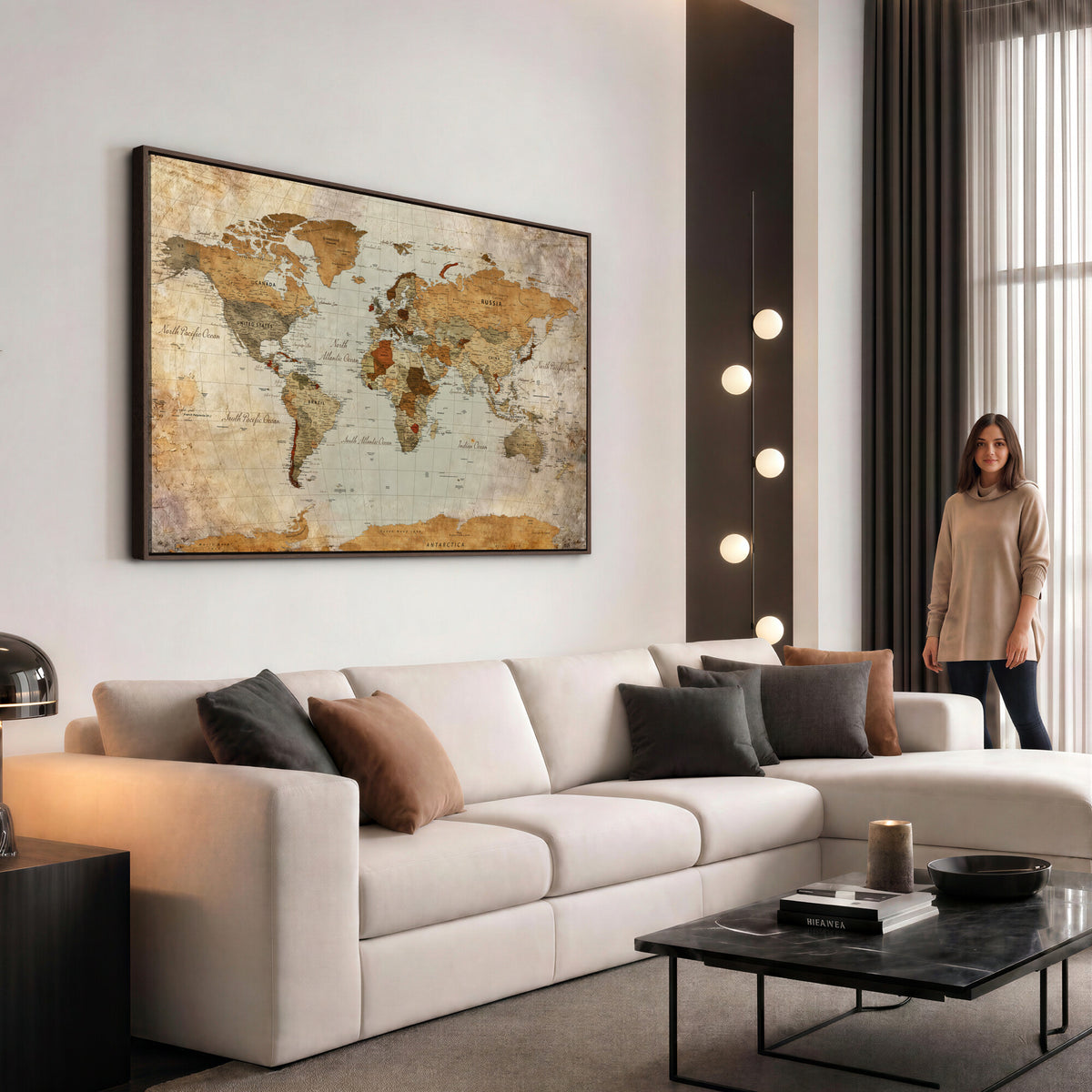 74176056-MGV-CV-36X24 - World Map Wall Art Canvas Print, Modern Decorative Framed Map Artwork Prints for Living Room, Office, Bedroom Wall Decor