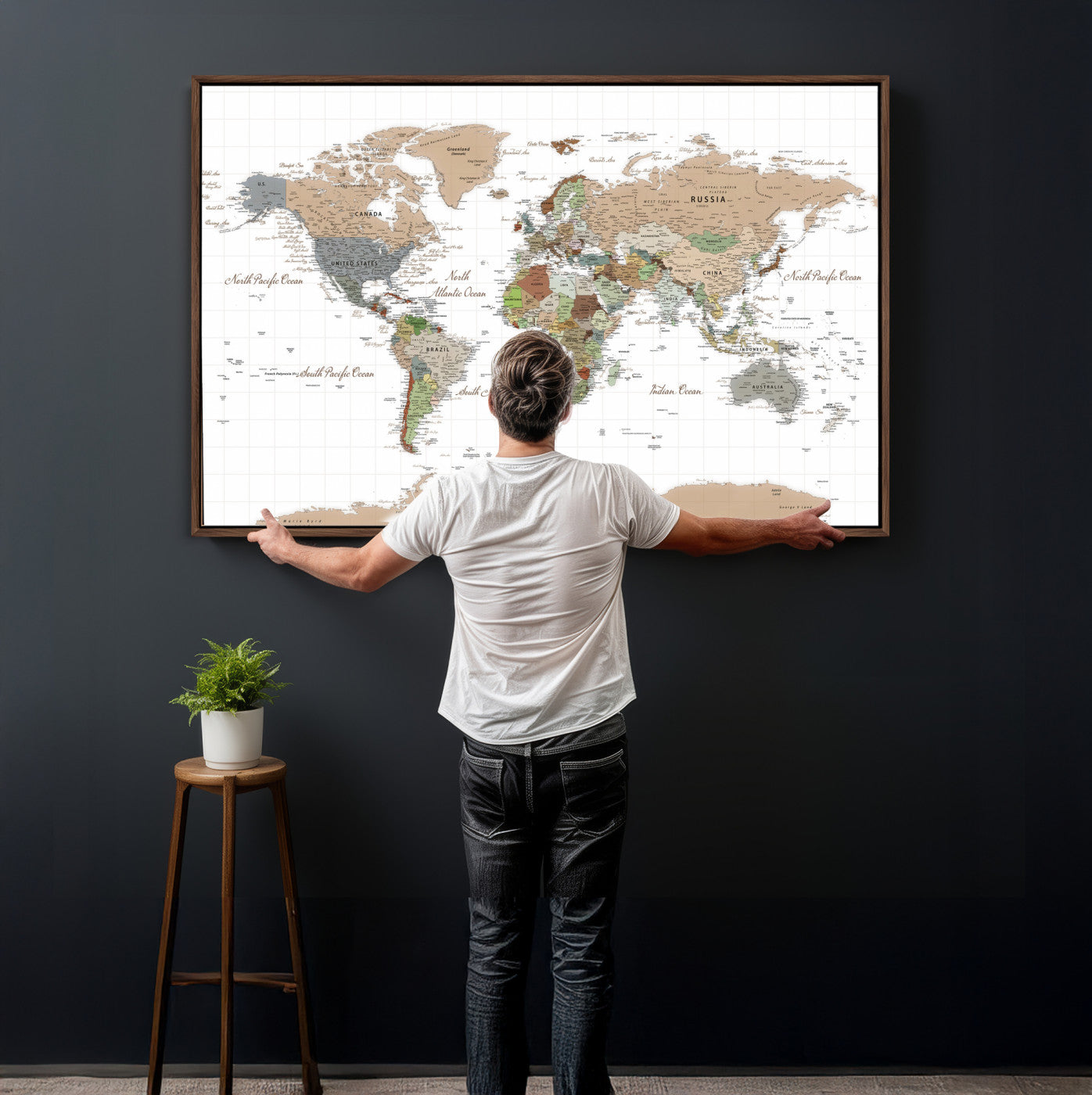 91286788-MGV-CV-36X24 - World Map Wall Art Canvas Print, Modern Decorative Framed Map Artwork Prints for Living Room, Office, Bedroom Wall Decor