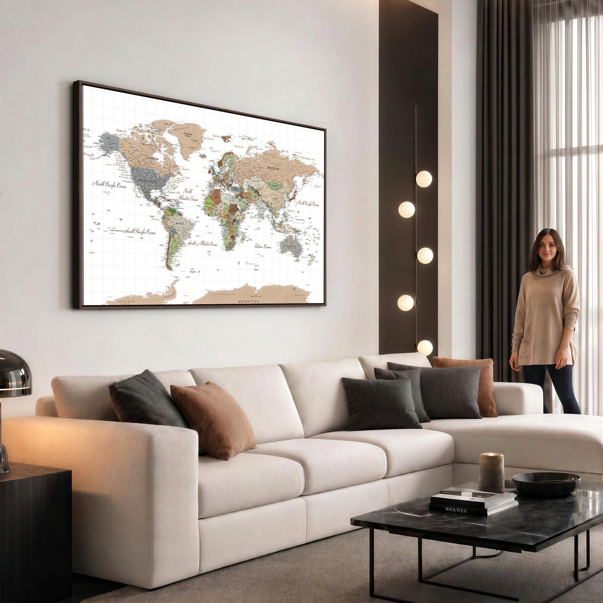 91286788-MGV-CV-36X24 - World Map Wall Art Canvas Print, Modern Decorative Framed Map Artwork Prints for Living Room, Office, Bedroom Wall Decor